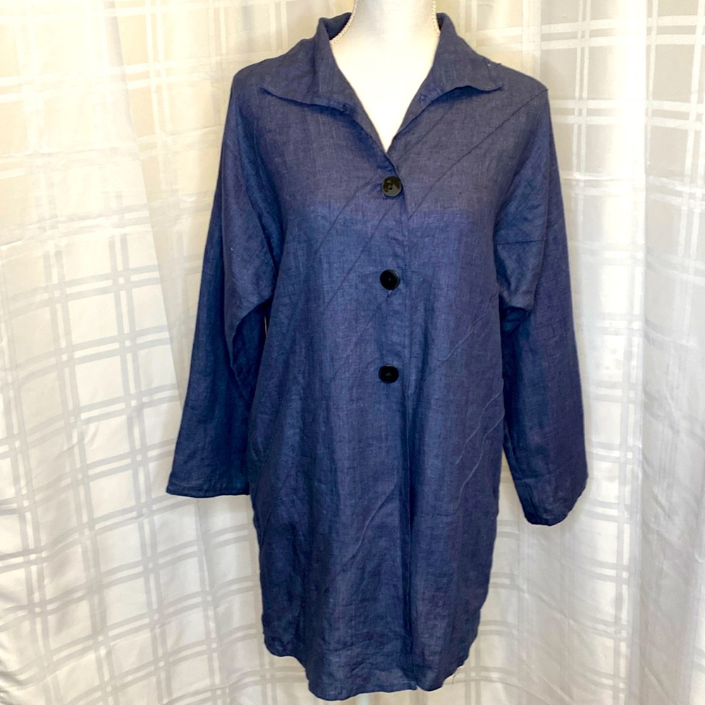 Xiaoyan Lin Blue Denim Linen Long Tunic Top Size Small